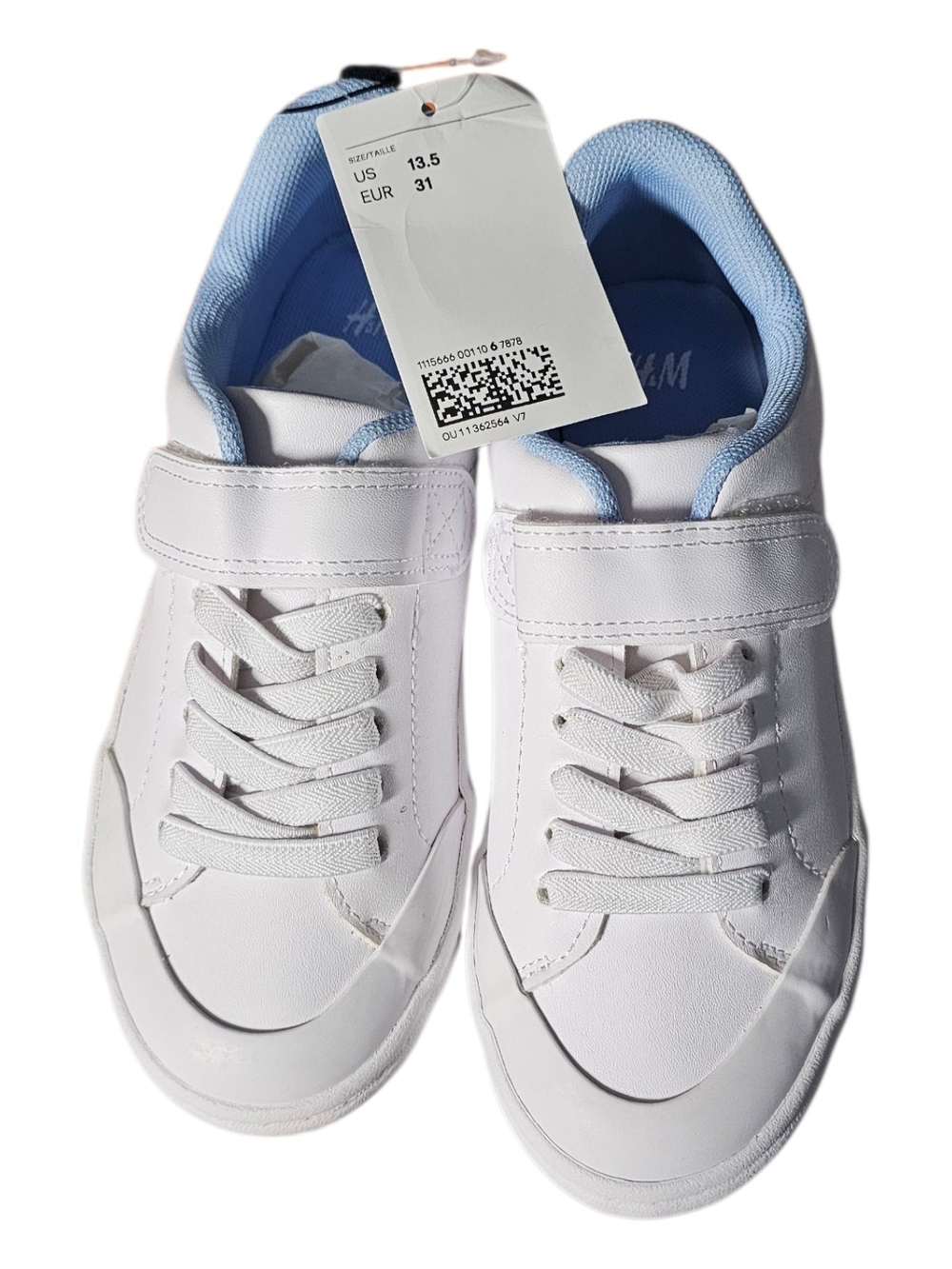 H&M Kids White Sneakers with Light Blue Interior - Velcro Strap & Elastic Laces